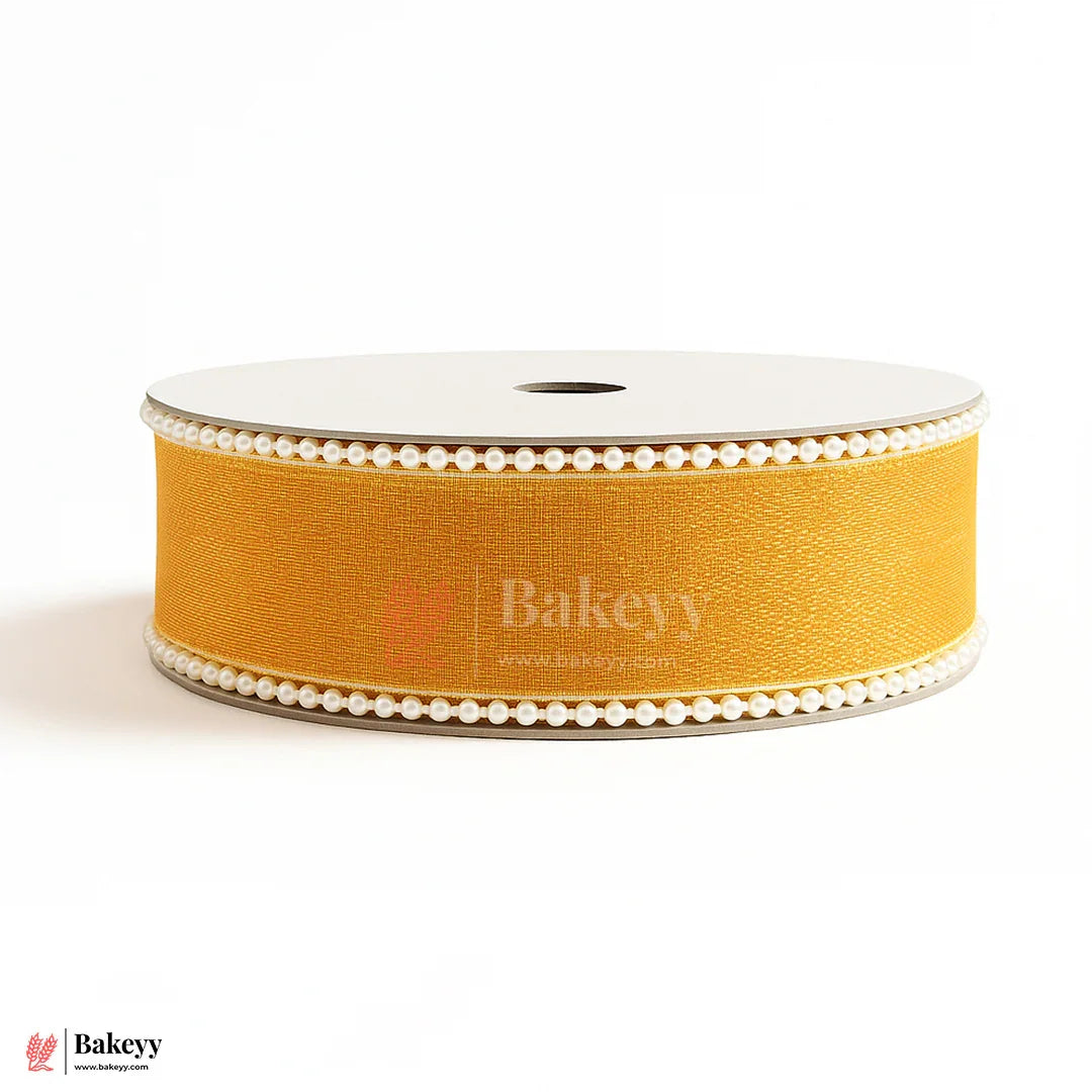 11651 | 9mtr Orange Net Ribbon with Double Pearl Edging – Decorative Roll for Bouquets, Gift Wrapping & Crafts