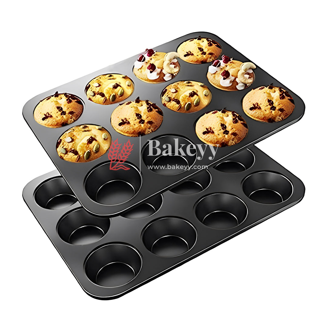 12 Slot Tray Cup Muffin Pan Tins Mould | Baking Cupcake | Non-Stick Mould | Reusable Tray Pan Mould | Non-Stick| Chrome Gold, Black Colour