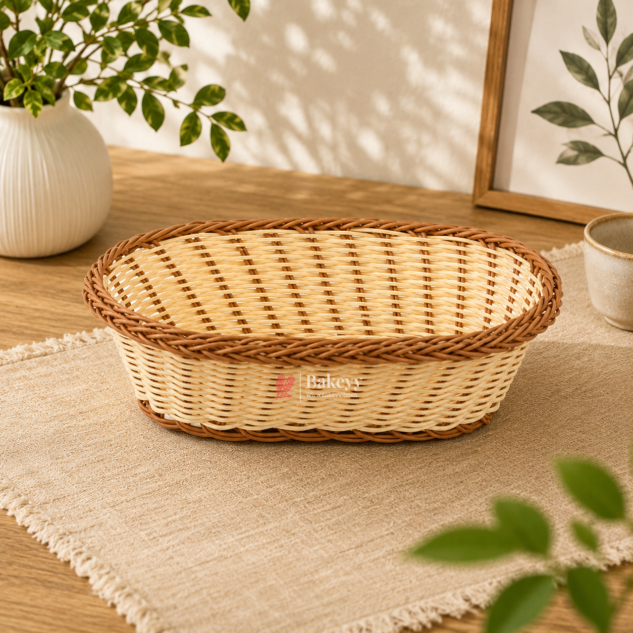 Woven bread basket on a wooden table with a plant and decorative items in the background