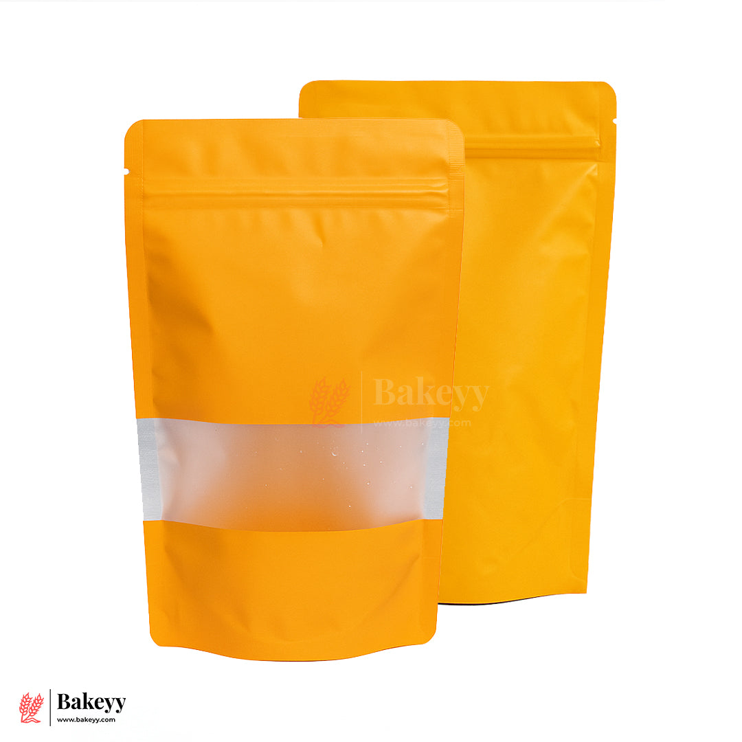 100 gm | Zip Lock Pouch | Orange Color With Window | 10x17 CM | Standing Pouch | 110 GSM | Pack of 100