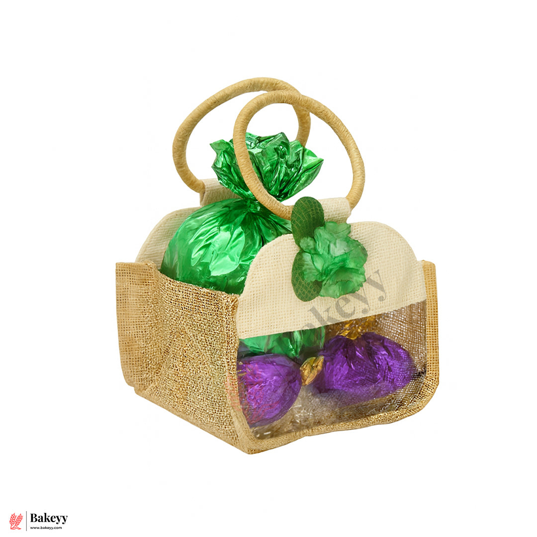 21x21x27 CM | Beige & Cream 4 Jar Jute Gift Bag with Transparent Window & Floral Accent – Eco-Friendly Gifting Hamper Bag Pack Of 1