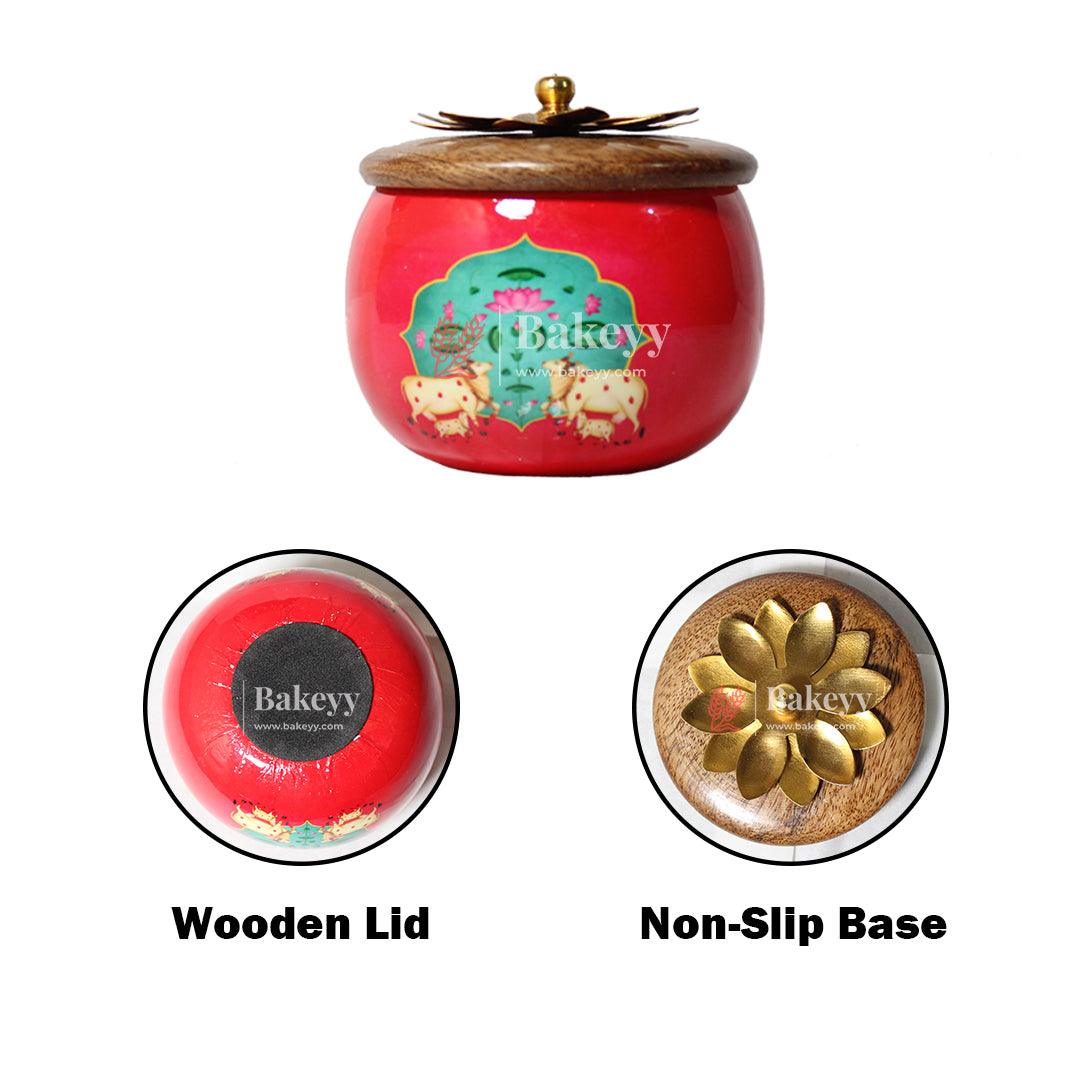 Red Handcrafted Decorative Jar with Floral Wooden Lid (Pack Of 1)