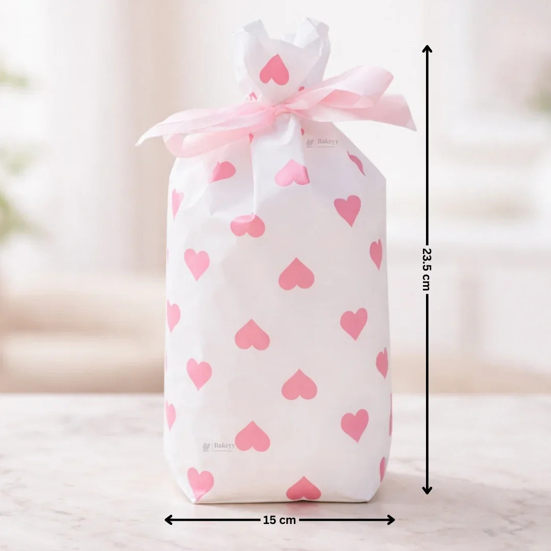 Pink Hearts Stand Up Treat Favor Bags Gift Wrapper Bags for Candy Cookie Chocolate | Pack of 50 - Bakeyy.com - India - Pink Hearts Stand Up Treat Favor Bags Gift Wrapper Bags for Candy Cookie Chocolate | Pack of 50 - Large 449.00