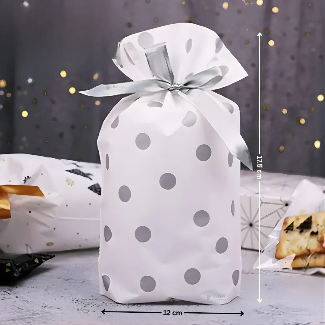 Silver Dots Plastic Stand Up Treat Favor Bags Gift Wrapper Bags for Candy Cookie Chocolate | Pack of 50 - Bakeyy.com - India - Silver Dots Plastic Stand Up Treat Favor Bags Gift Wrapper Bags for Candy Cookie Chocolate | Pack of 50 - Small 349.00