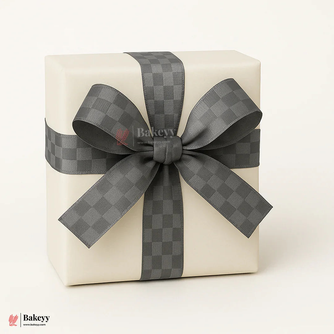 2cm |18 Mtr Premium Elegant Gray Checkered Satin Ribbon Roll – Elegant Finish for Gift Wrapping & Crafts| 1 Roll