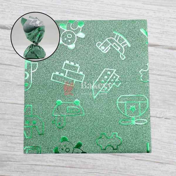 Glitter Matte Chocolate Wrappers | Green Colour with Cartoon works - Bakeyy.com