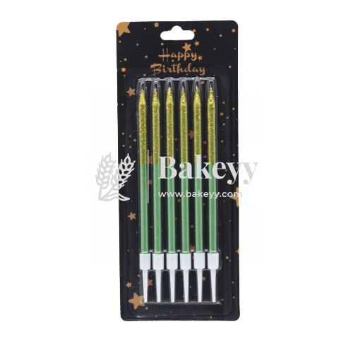 Glitter Metallic Candles Green & Gold | 6 pcs | For Birthday, Baby Shower, Wedding Party & Cake Decoration - Bakeyy.com