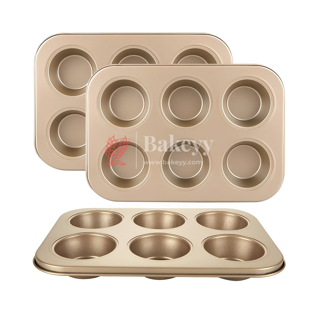 6 Slot Tray Cup Muffin Pan Tins Mould | Baking Cupcake | Non-Stick Mould | Reusable Tray Pan Mould | Non-Stick (Chrome Gold)