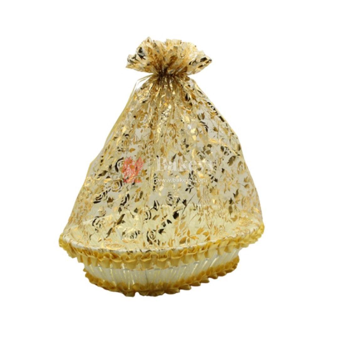 Gold Oval Decorative Net Basket | Hamper Basket | Pack of 3 - Bakeyy.com - India - Gold Oval Decorative Net Basket | Hamper Basket | Pack of 3 - Extra Small (5.5x12.5x17 cm)