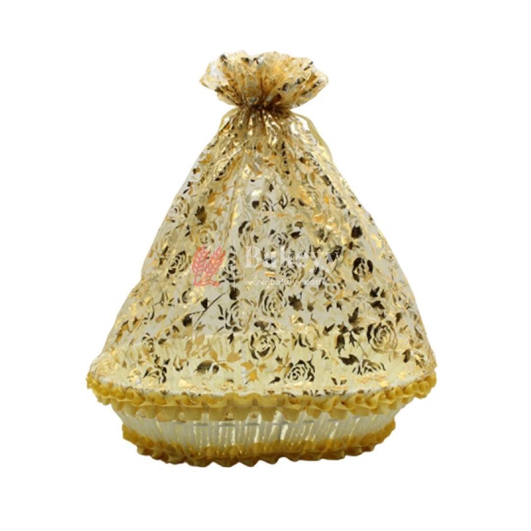 Gold Oval Decorative Net Basket | Hamper Basket | Pack of 3 - Bakeyy.com - India - Gold Oval Decorative Net Basket | Hamper Basket | Pack of 3 - Extra Small (5.5x12.5x17 cm)