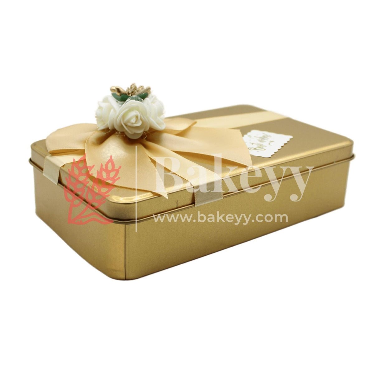 Gold Rectangle Empty Decorative Tin Box |  Mixed Bow Designs| 19x11x4.5Cm Tin Box| 1 Piece