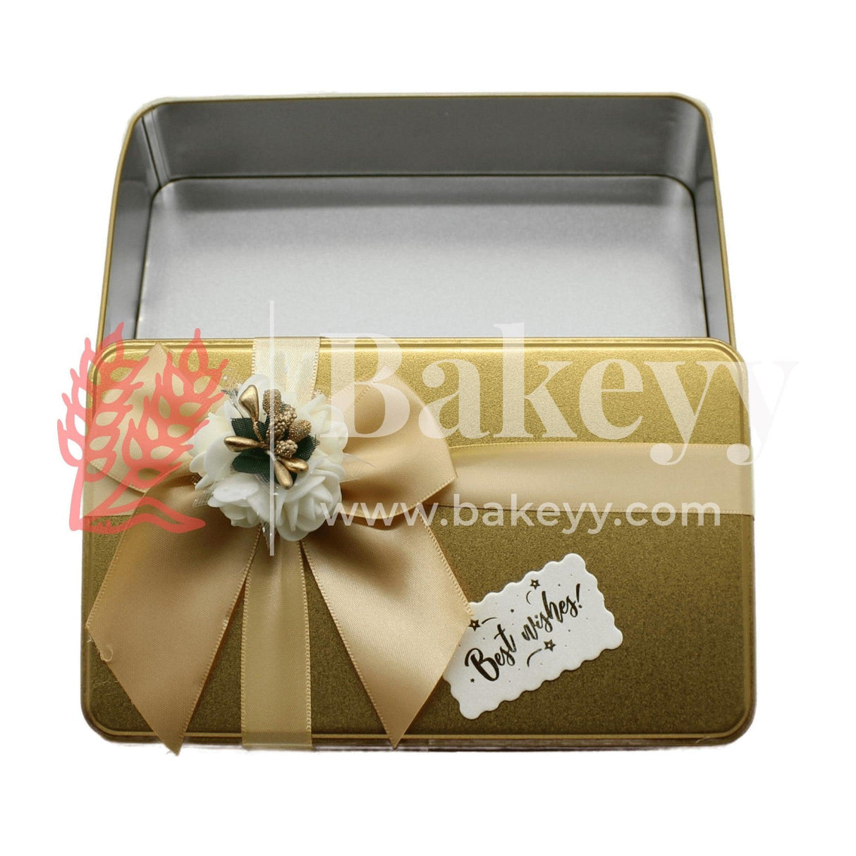 Gold Rectangle Empty Decorative Tin Box |  Mixed Bow Designs| 19x11x4.5Cm Tin Box| 1 Piece