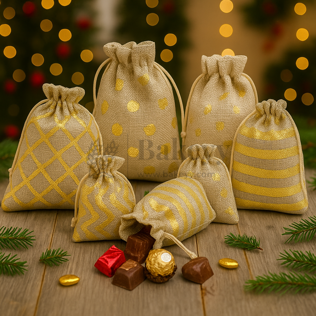 Golden Foil Printed Jute Bags | Available in 3 Sizes | Assorted Print Designs | Pack of 10