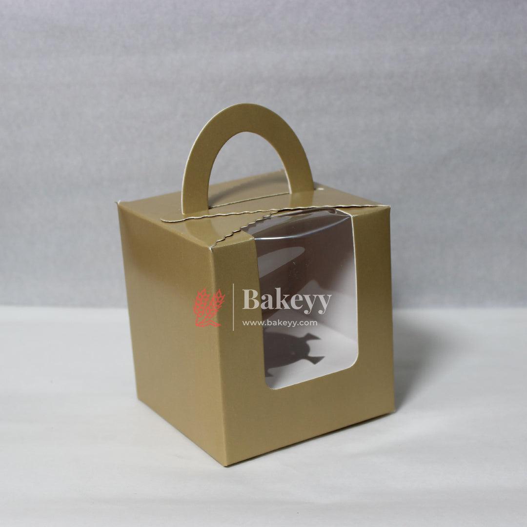 1 -Cupcak Box with Handle | Gold Colour | With Front Window | - Bakeyy.com - India - 1 -Cupcak Box with Handle | Gold Colour | With Front Window | - Pack of 10