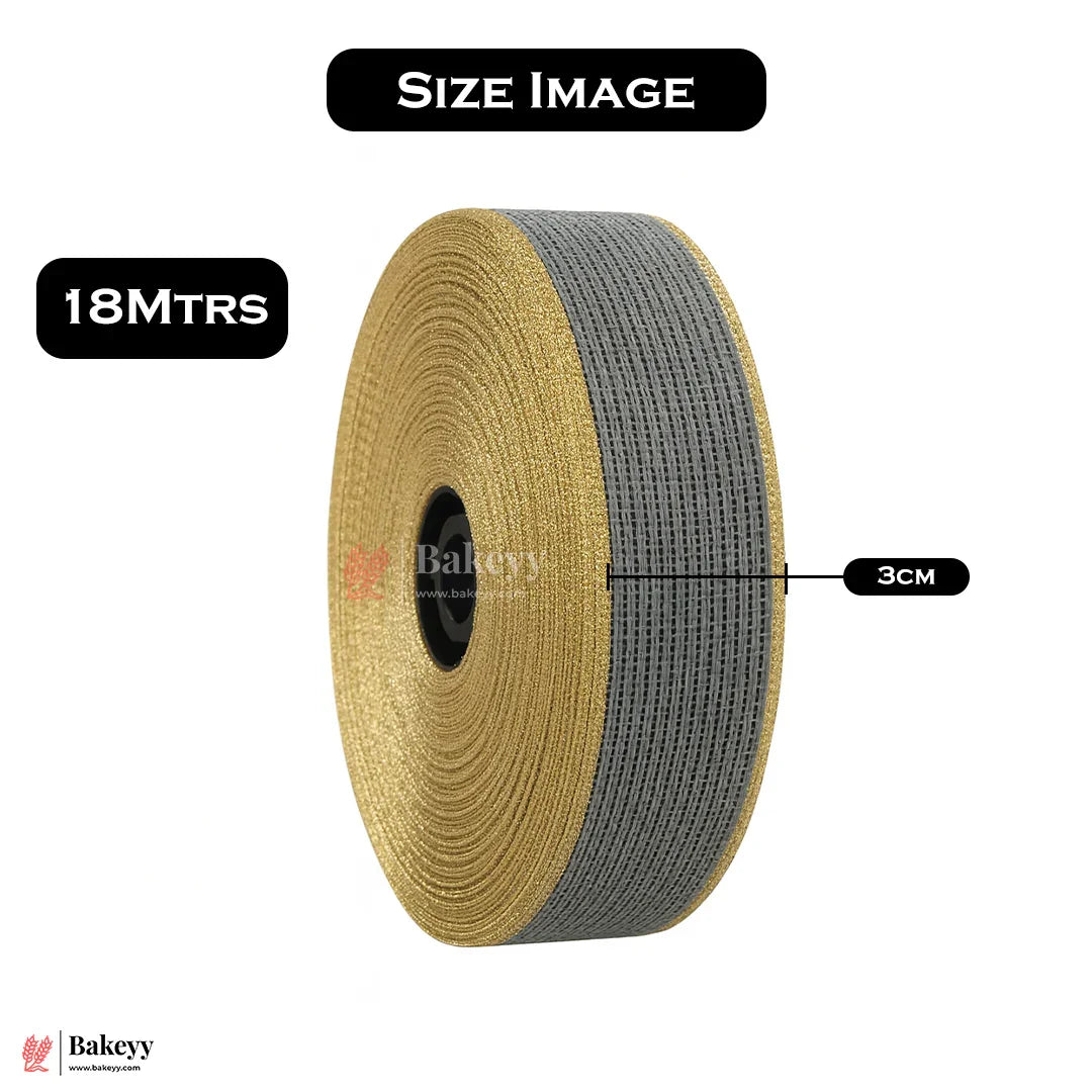 343 | Elastic Grey Ribbon with Gold Borders – 3cm | 18 Meter Roll