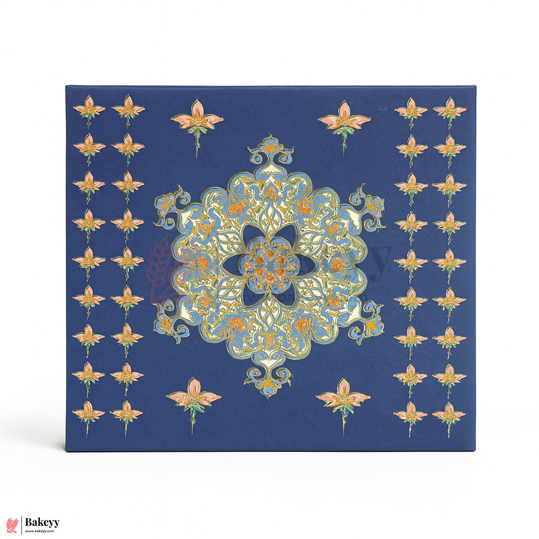 250g (6x5.5x1.5 Inch) Premium Blue Festive Sweet Box with Golden Base | Rigid Sweet Box with Golden Interior Pack Of 1