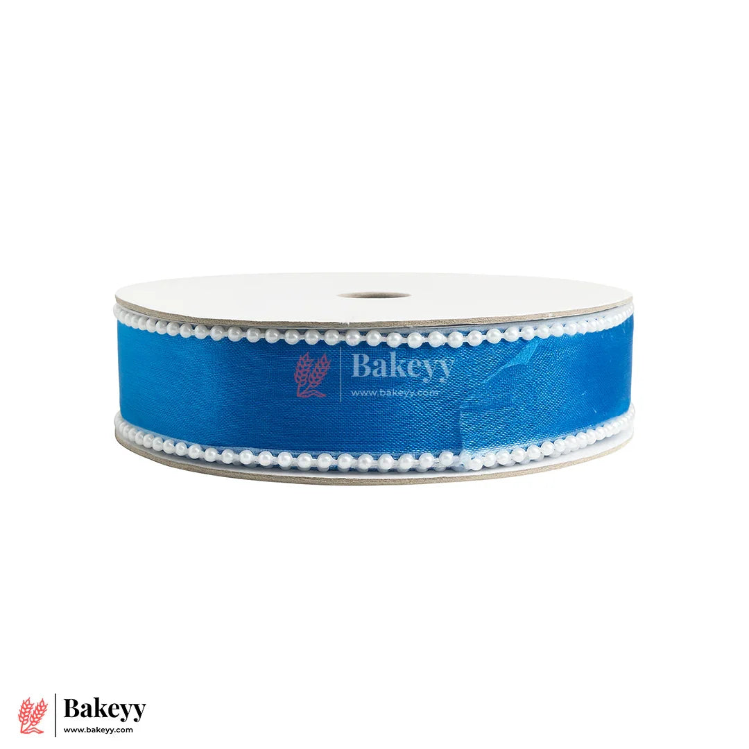 11651 | 9mtr Blue Net Ribbon with Double Pearl Edging – Decorative Roll for Bouquets, Gift Wrapping & Crafts