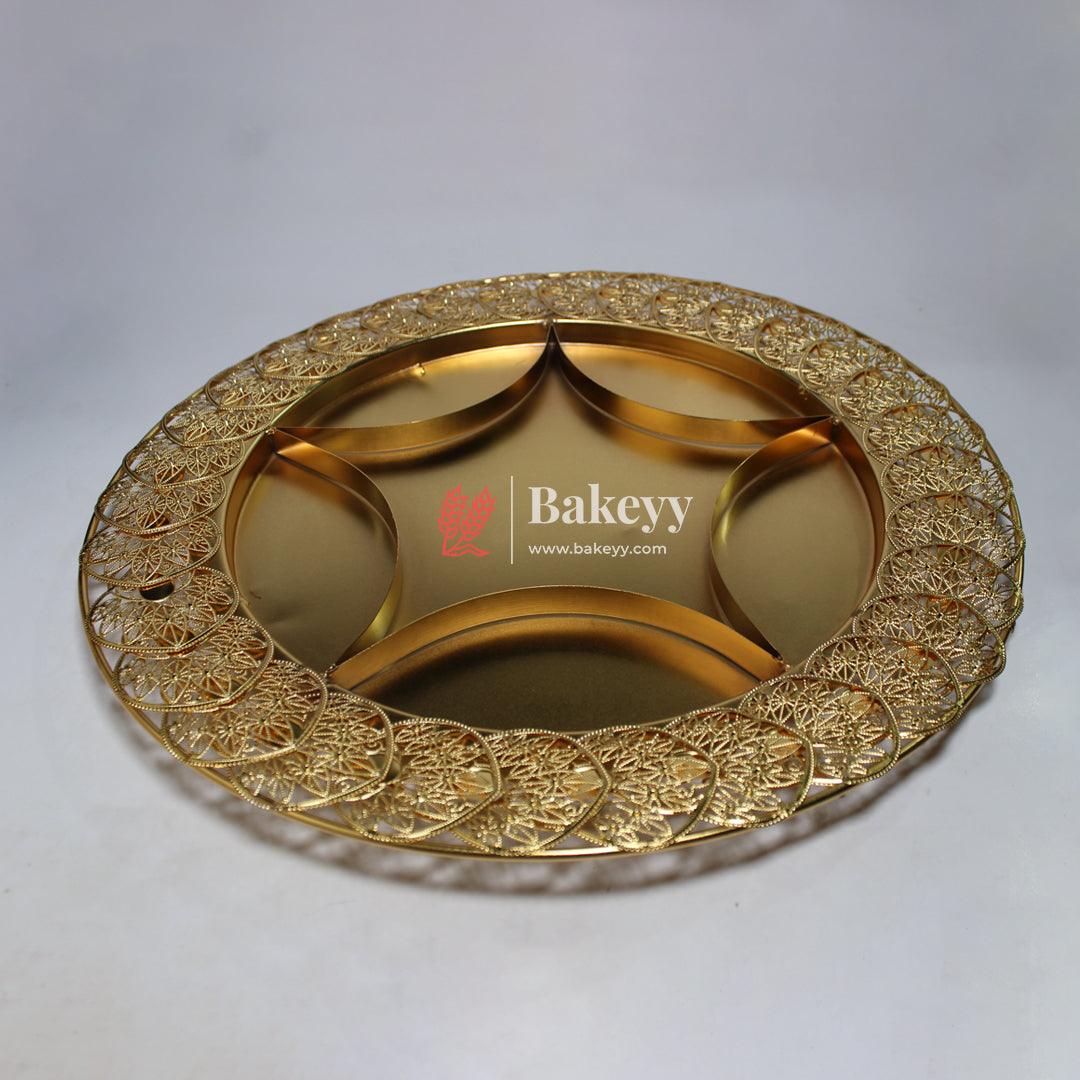 16 inch |Luxurious Gold-Plated Round Serving Tray with 6-Part Sections | Gold-Plated Round Metal Dry Fruit Tray