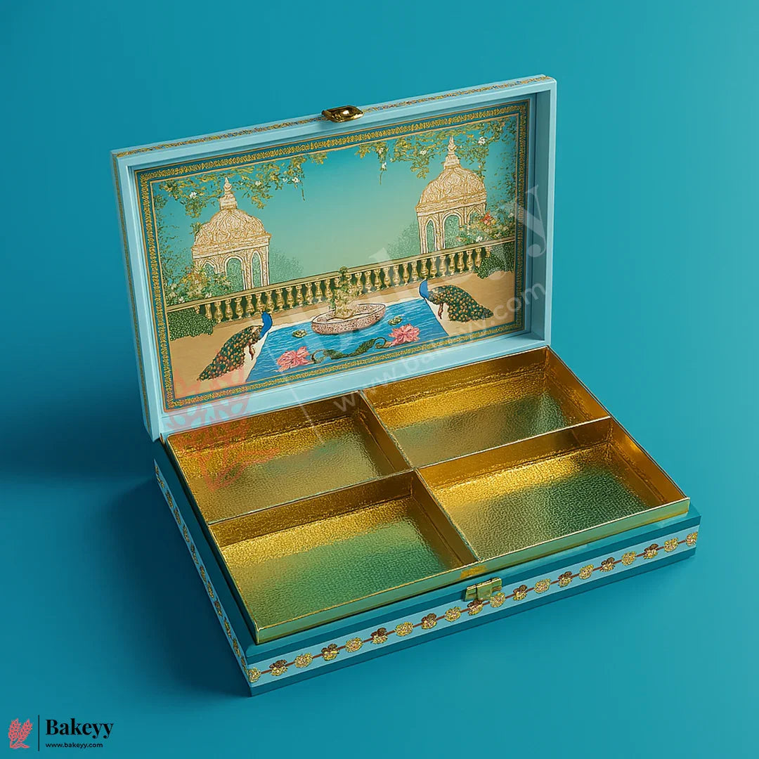 30x20x5cm| Premium Peacock Themed MDF Hamper Box with Gold Compartments – 4 Section Gift Box for Rakhi & Dry Fruits |