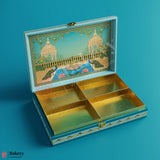 30x20x5cm| Premium Peacock Themed MDF Hamper Box with Gold Compartments – 4 Section Gift Box for Rakhi & Dry Fruits |