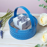 Hamper Basket For Gifting Round | Elegant & Durable Blue Metal Hamper Basket with Handle | Blue Colour