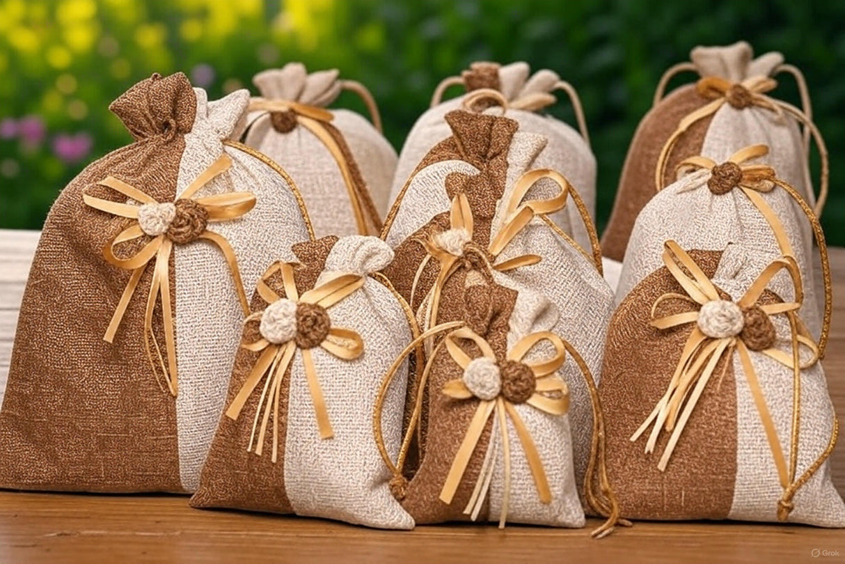 20x24cm| Brown & Cream Jute Potli Bag with Floral Accent | Traditional Potli Bag | Wedding Favor Bag | Jewelry Pouch | Floral Accent Gift Bag | Pack of 10