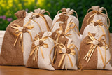 20x24cm| Brown & Cream Jute Potli Bag with Floral Accent | Traditional Potli Bag | Wedding Favor Bag | Jewelry Pouch | Floral Accent Gift Bag | Pack of 10