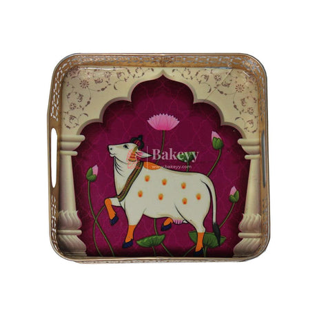 10 inch | Pichwai Tray for Return Gifts |Square Metal Tray Home Decor Items | Decorative Tray | (Multicolour) - Bakeyy.com - India - 10 inch | Pichwai Tray for Return Gifts |Square Metal Tray Home Decor Items | Decorative Tray | (Multicolour) - Design 2 / Pack of 1