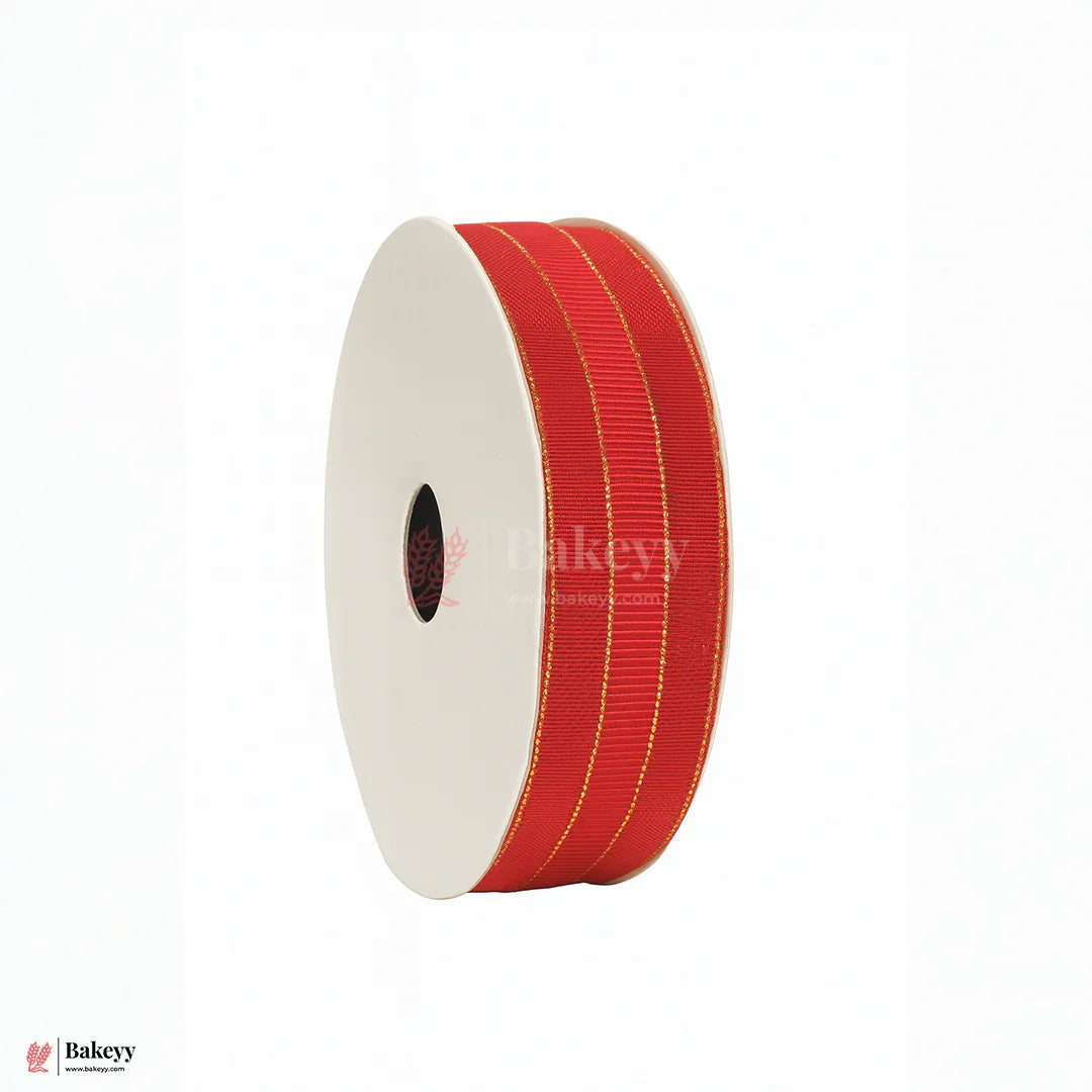 18mtr Premium Red Grosgrain Ribbon with Golden Stitch – 1 Inch | Ideal for Gifting & Crafting