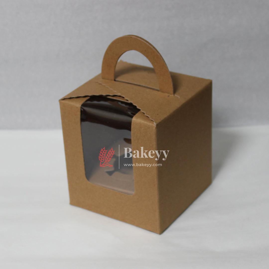 1 Kraft Cupcake Box with Handle | With Front Window | - Bakeyy.com - India - 1 Kraft Cupcake Box with Handle | With Front Window | - Pack of 10