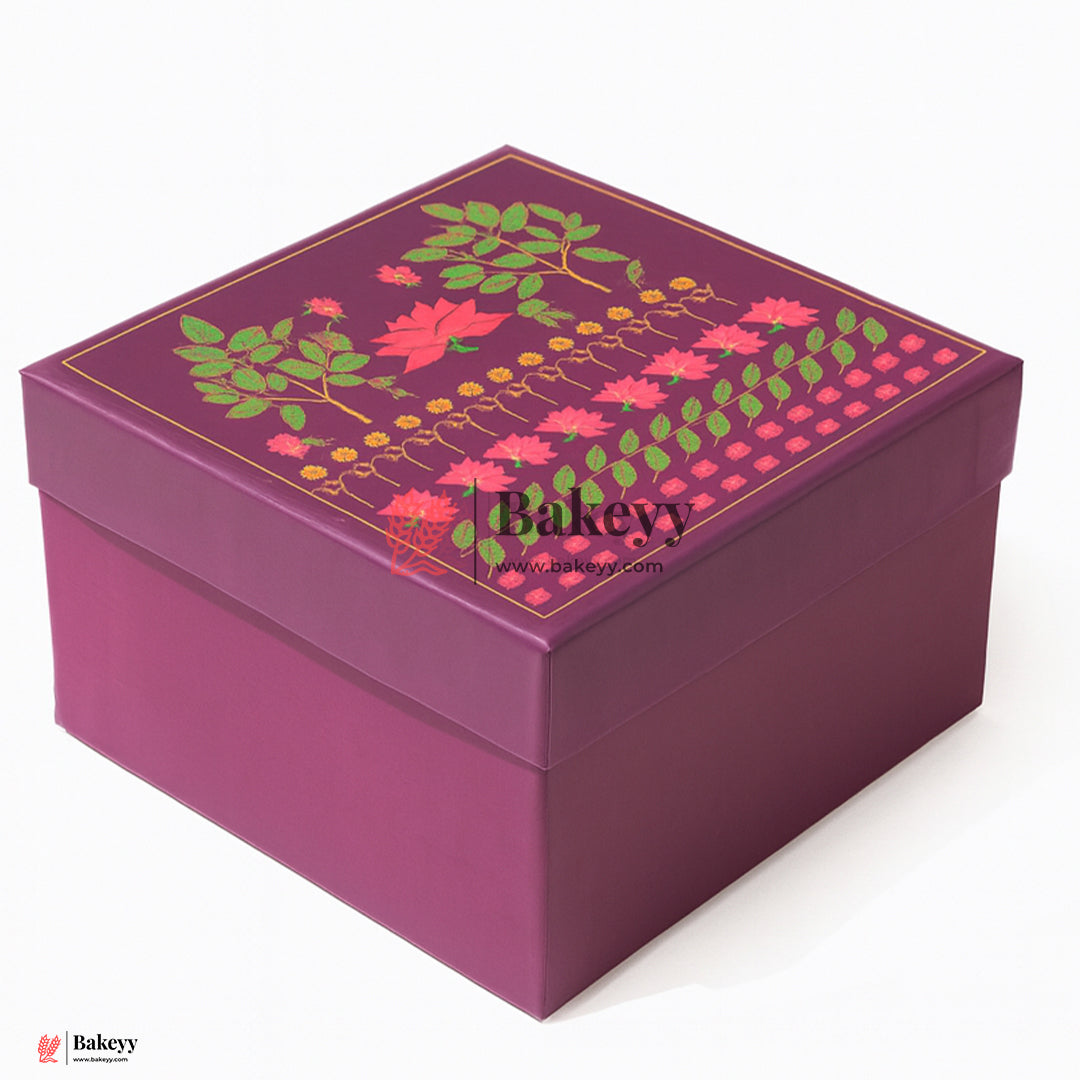 10x10x4 Inch | Large Floral Printed Premium Square Gift Box – Purple | Reusable Rigid Hamper Packaging  | Pack Of 1