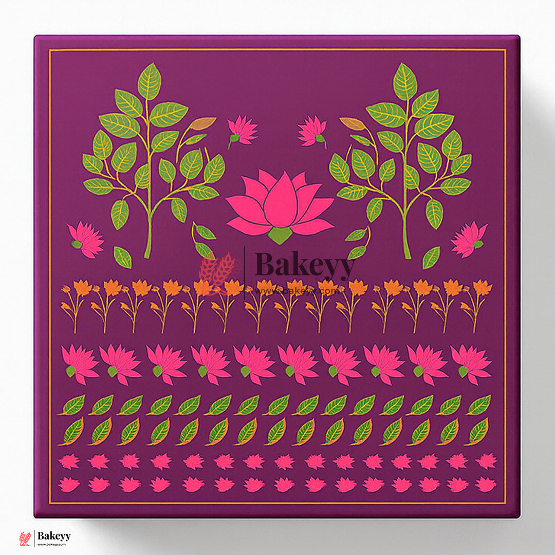 10x10x4 Inch | Large Floral Printed Premium Square Gift Box – Purple | Reusable Rigid Hamper Packaging  | Pack Of 1