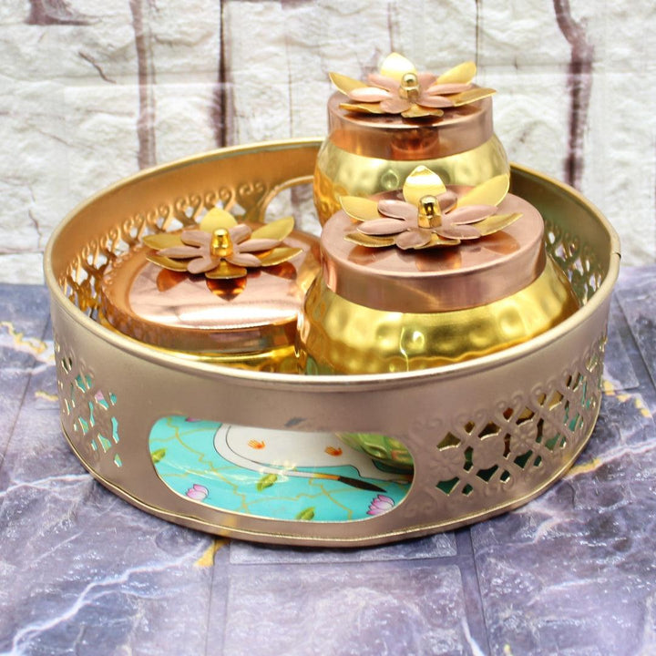 Large Decorative Round Gold Metal Hamper Basket For Gifting | With Designs | Large - Bakeyy.com