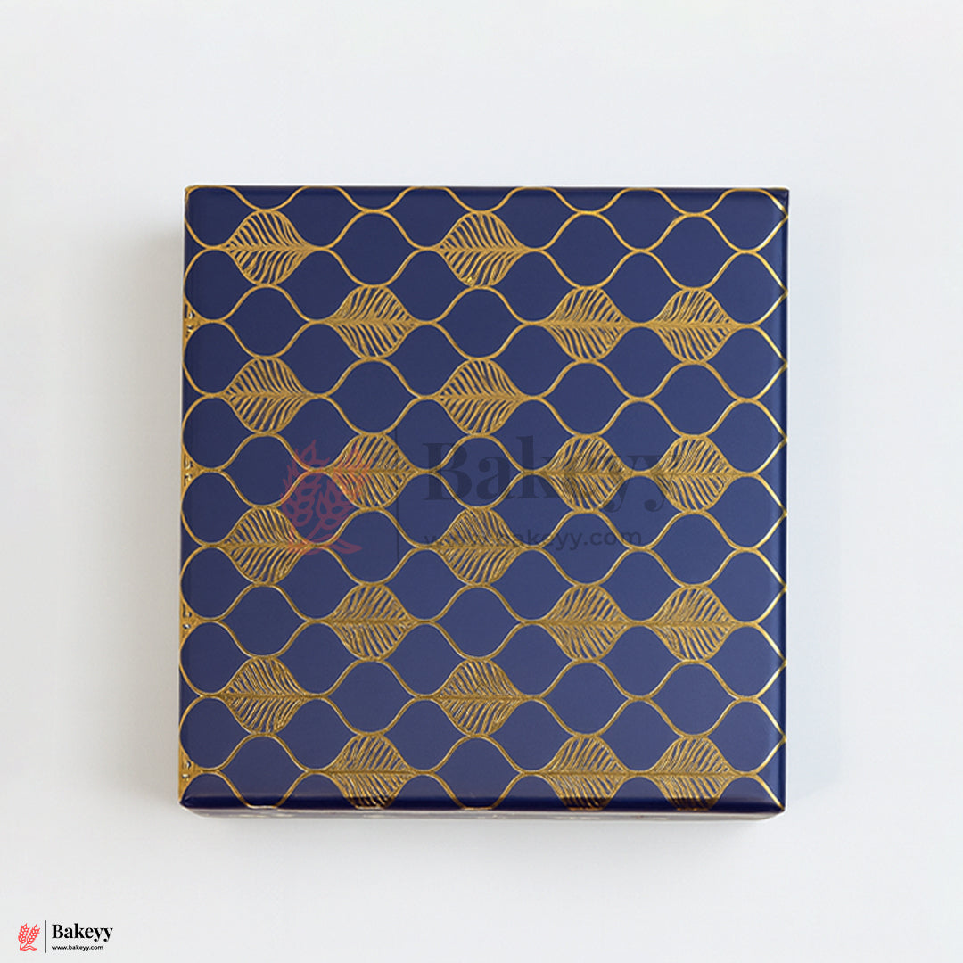 10x10x4 inch (25.5x25.5x10 cm) | Premium Rigid Hamper Box | Blue with Golden Leaf Print – Large Size