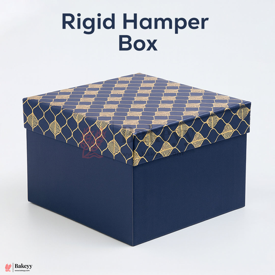 10x10x4 inch (25.5x25.5x10 cm) | Premium Rigid Hamper Box | Blue with Golden Leaf Print – Large Size