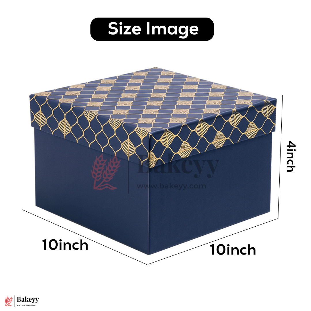 10x10x4 inch (25.5x25.5x10 cm) | Premium Rigid Hamper Box | Blue with Golden Leaf Print – Large Size