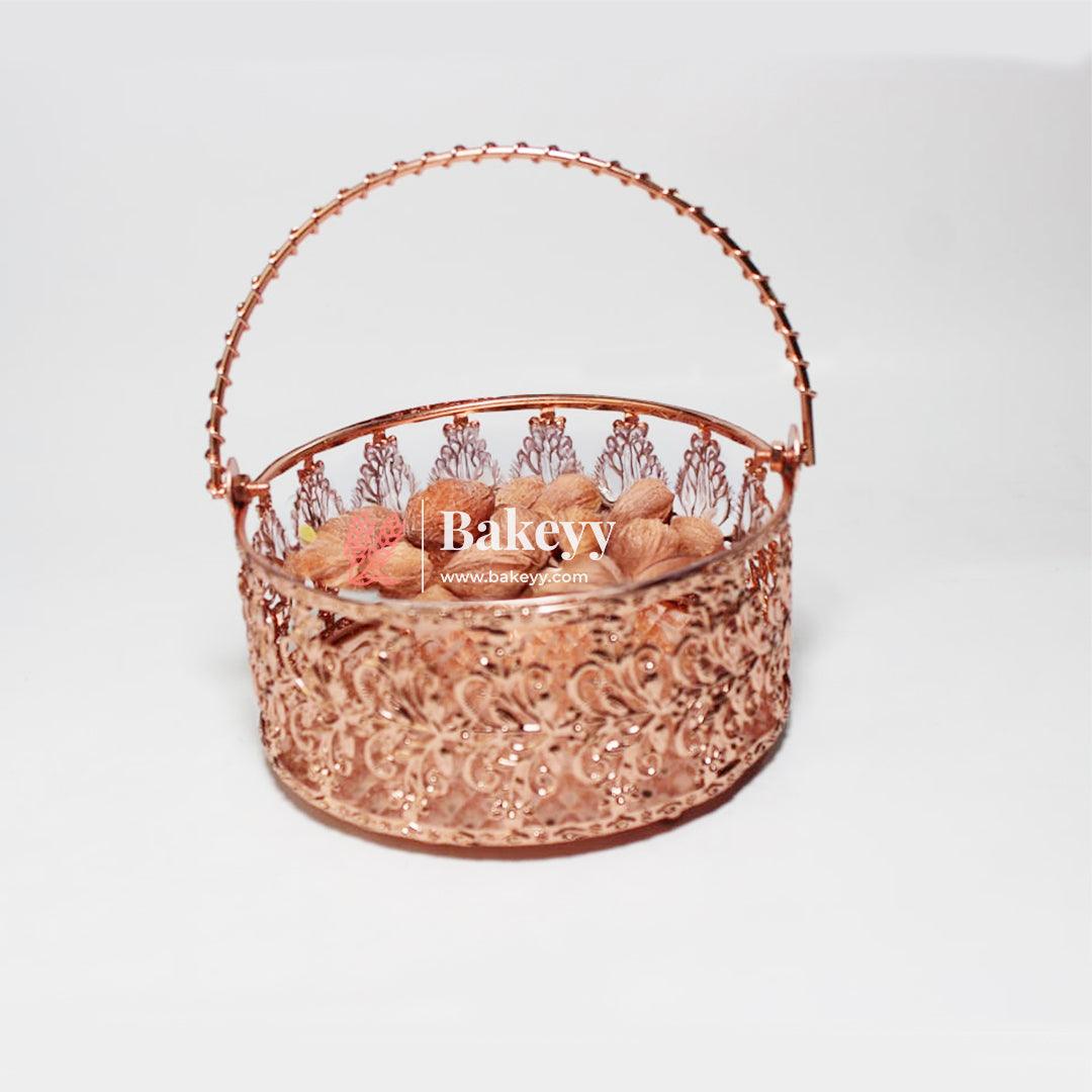 6 inch Rose Gold Metal Basket | Luxury Serving & Gifting Essential |  Gift Baskets For Dry Fruits ,Gift Hampers, Return Gift for wedding, Anniversary, Birthday, house warming