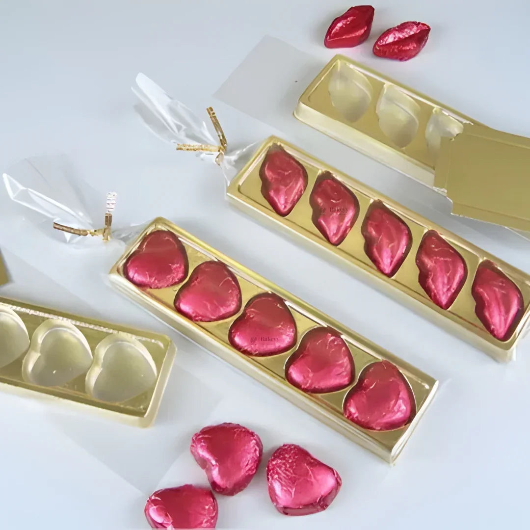 5 Cavity Lips & Heart Shaped Chocolate Packaging Box with Inner Tray | Premium Gold Finish Truffle & Sweet Box | Two Design Options Available | Pack of 10 - Bakeyy.com - India - 5 Cavity Lips & Heart Shaped Chocolate Packaging Box with Inner Tray | Premium Gold Finish Truffle & Sweet Box | Two Design Options Available | Pack of 10 - Lips 1 130.00