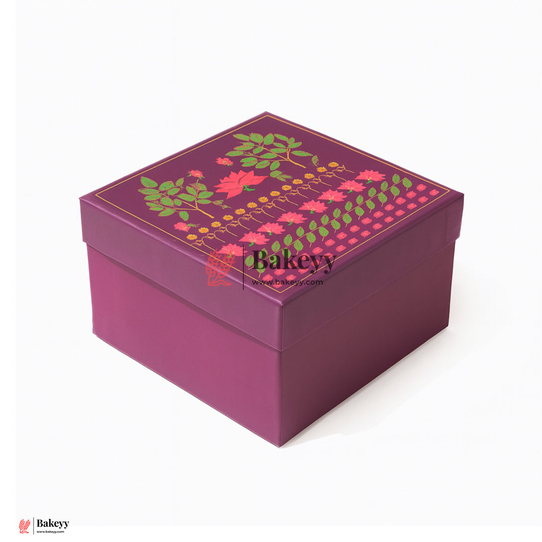 8x8x4 Inch | Medium Floral Printed Premium Square Gift Box – Purple | Reusable Rigid Hamper Packaging  | Pack Of 1