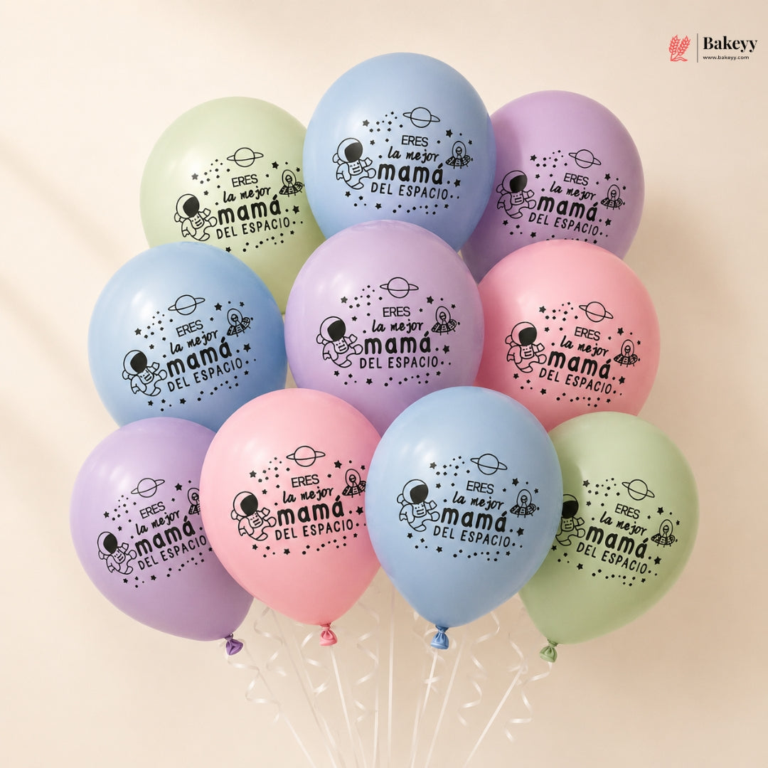 Pastel-colored balloons with text on a beige background