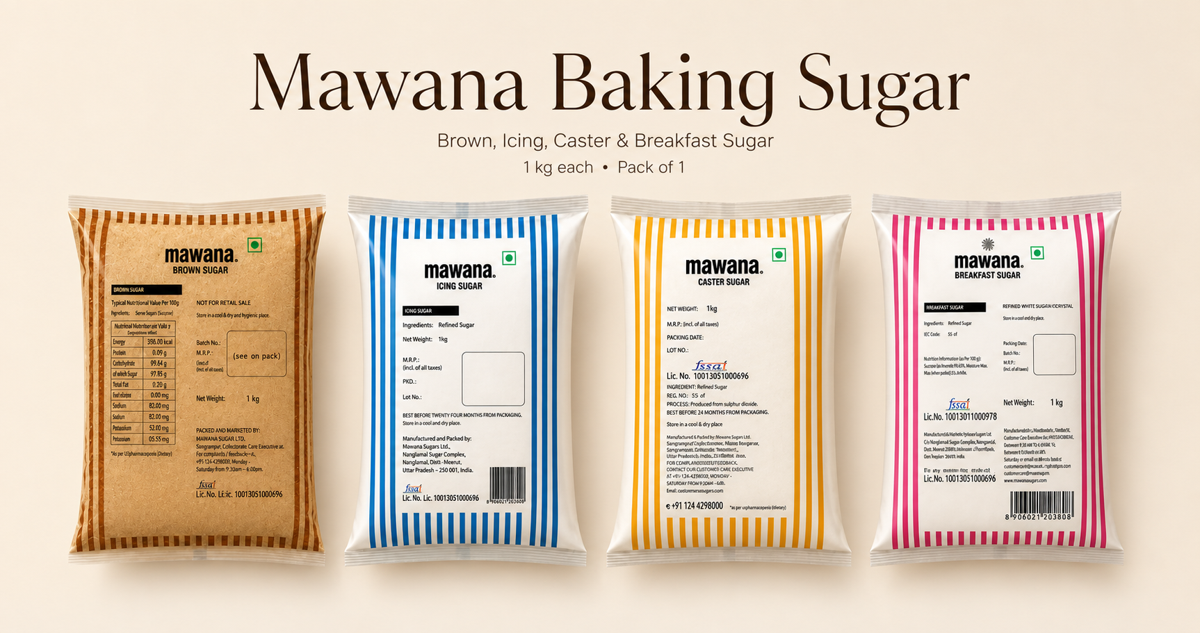 Mawana Baking Sugar 1 kg | Brown Sugar, Caster Sugar, Icing Sugar & Breakfast Sugar | Pack of 1