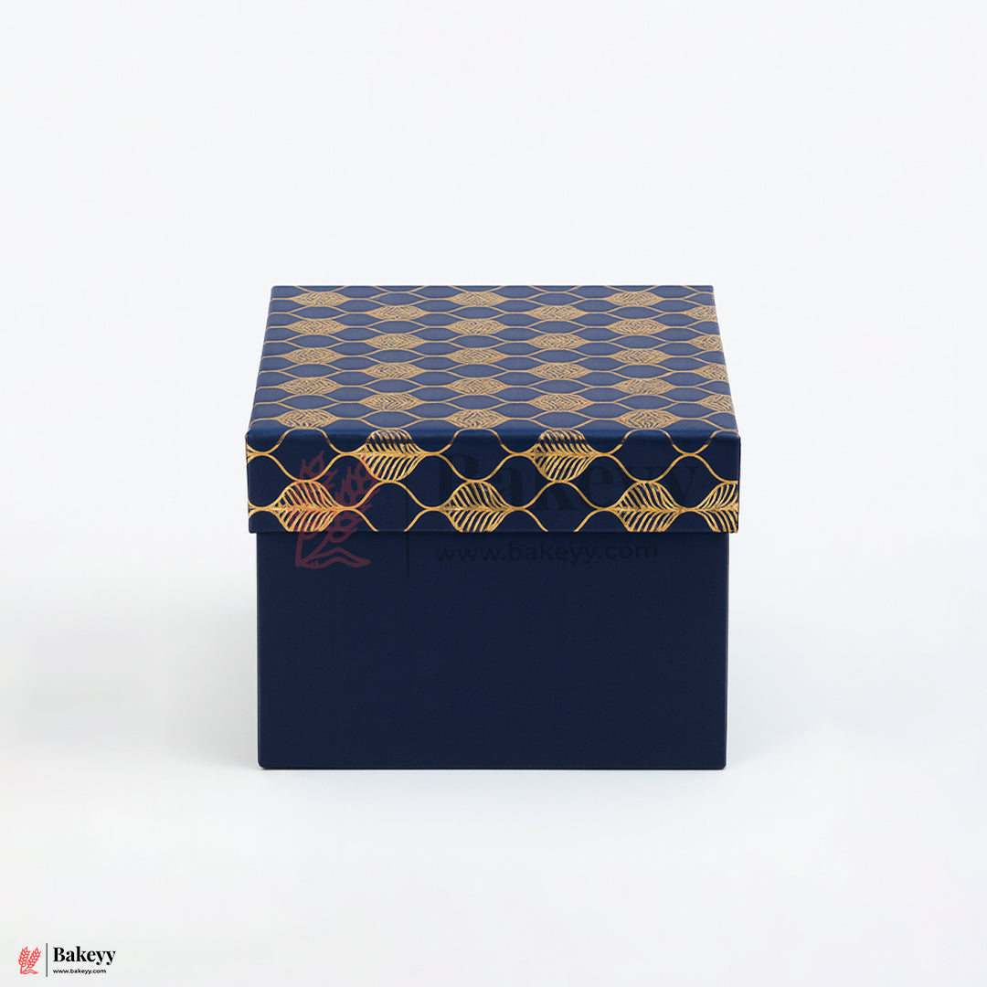 8x8x4 inch (21x21x10 cm) | Premium Rigid Hamper Box | Blue with Golden Leaf Print – Medium Size