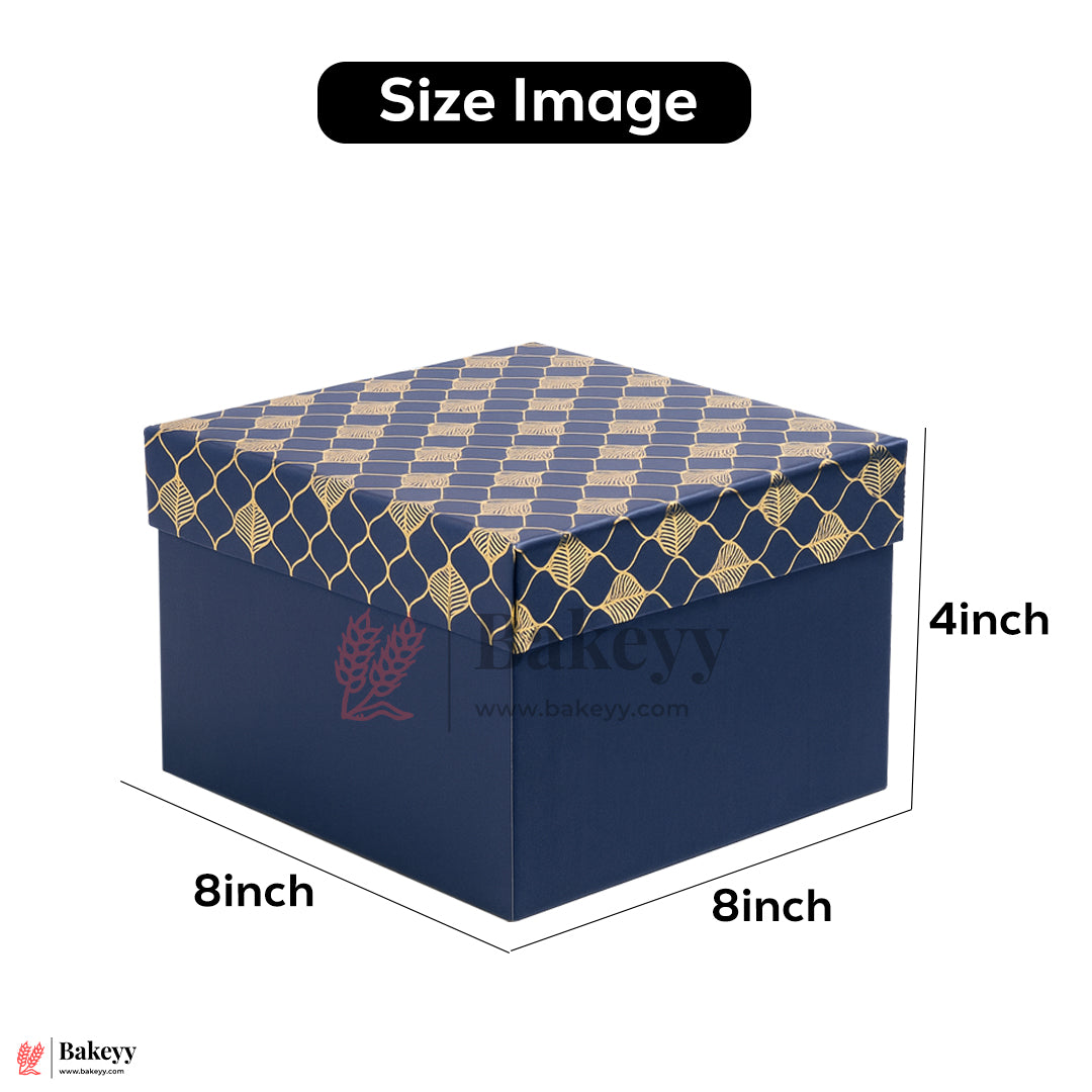 8x8x4 inch (21x21x10 cm) | Premium Rigid Hamper Box | Blue with Golden Leaf Print – Medium Size