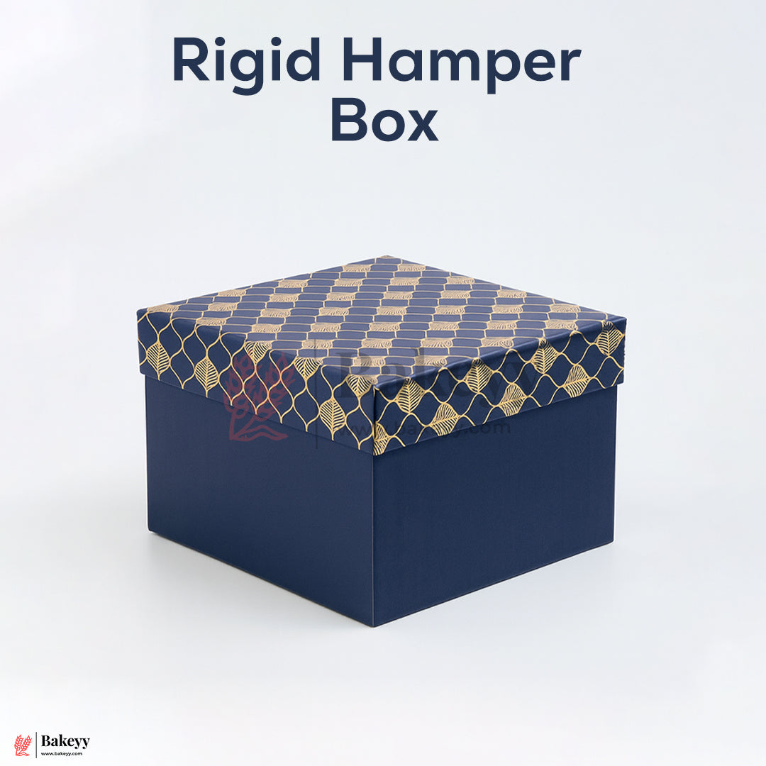8x8x4 inch (21x21x10 cm) | Premium Rigid Hamper Box | Blue with Golden Leaf Print – Medium Size