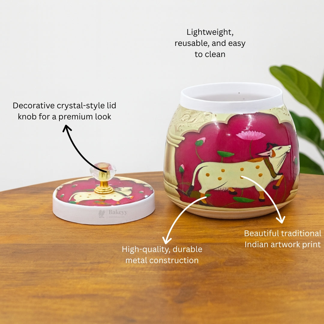 Premium Metal Storage Jar | Cow & Lotus Design | Metal Storage Jar with Decorative Knob Lid