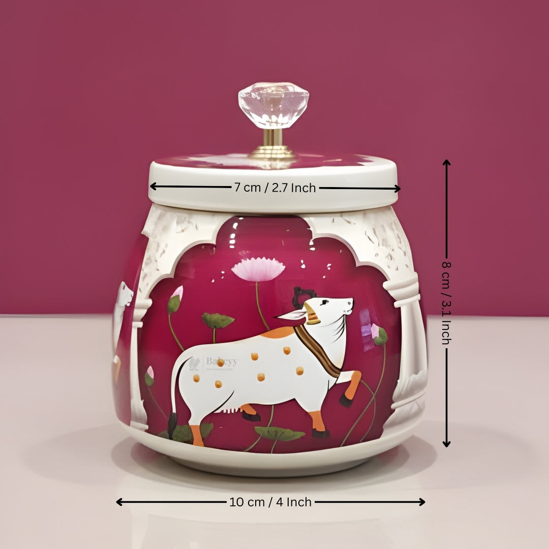 Premium Metal Storage Jar | Cow & Lotus Design | Metal Storage Jar with Decorative Knob Lid
