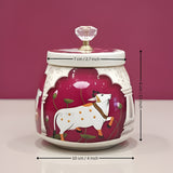 Premium Metal Storage Jar | Cow & Lotus Design | Metal Storage Jar with Decorative Knob Lid