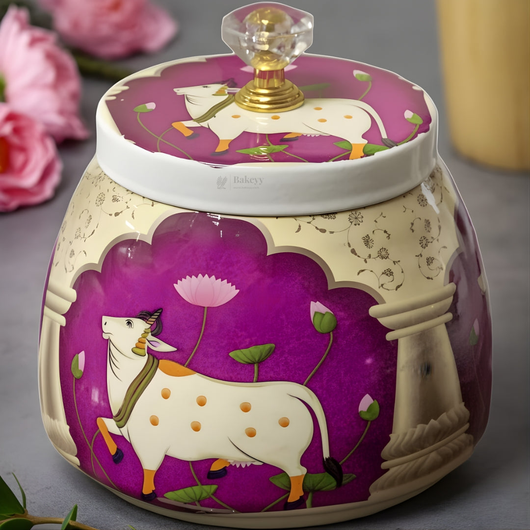 Premium Metal Storage Jar | Cow & Lotus Design | Metal Storage Jar with Decorative Knob Lid