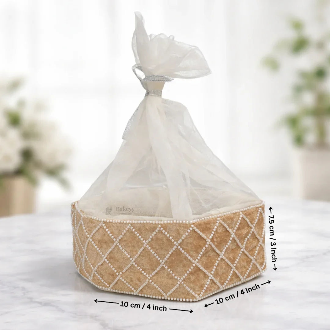 Hexagon Velvet Gift Box with Net | Diamond Pearl Embellished Base | Elegant Premium Hamper Box | Pack of 1