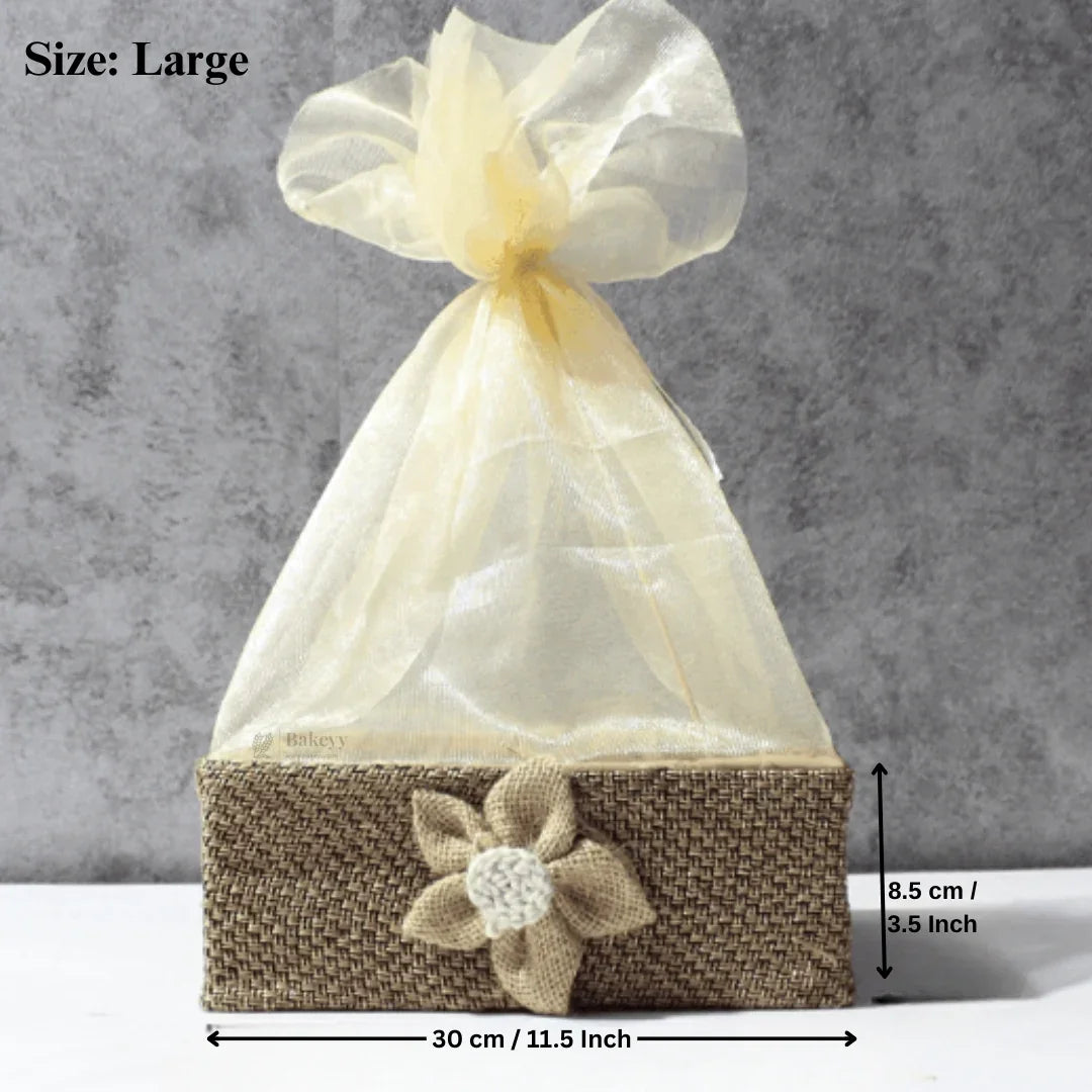 Large net basket with jute flower, beige organza wrap, ideal for gifting or hamper packaging from Bakeyy.com